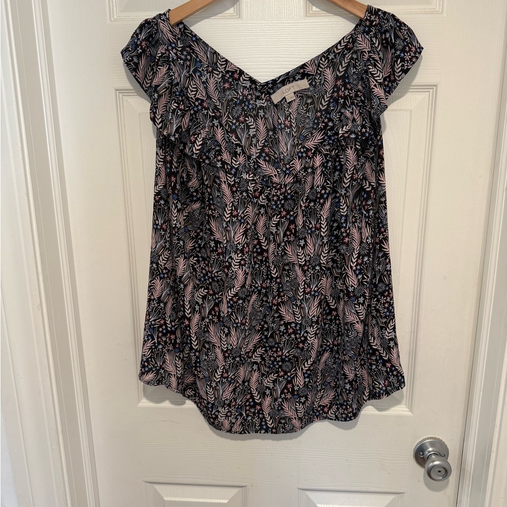 LOFT Black and Pink Leaf Print Blouse